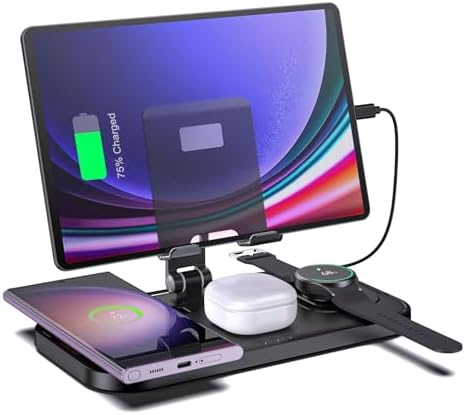 Ultimate 4-in-1 Wireless Charging Station for Samsung Devices – Foldable Charger Stand for Galaxy S24 Ultra, Note 20, Flip5, Galaxy Watch 6/5/4, Buds & More – Rapid Charge with Enhanced Compatibility & Safety Features