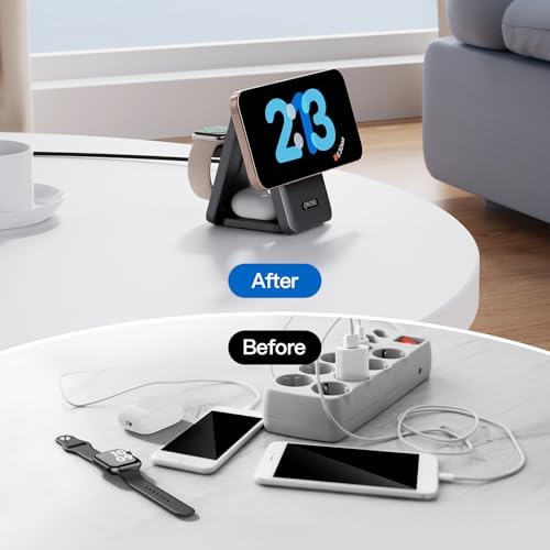Ultimate 3-in-1 Foldable Wireless Mag-Safe Charging Station for i Phone 16/15/14/13/12, Apple Watch & Air Pods – Rapid 2.4 Hour Charge, Portable Travel Design with Adjustable Angles, Enhanced Magnetic Alignment & Smart Safety Features – Perfect Gift for Couples