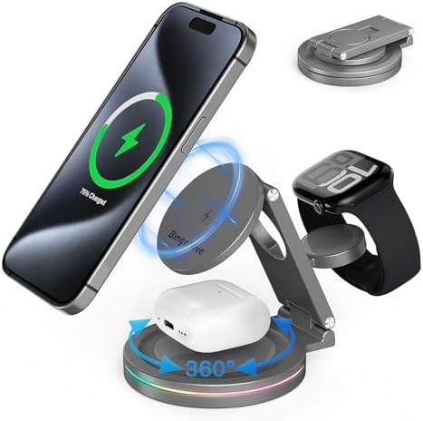 Revolutionary 3-in-1 Wireless Charger Hub for i Phone, Apple Watch & Air Pods – 10 W Fast Charging, 360-Degree Rotating Zinc Alloy Design, Foldable & Magnetic for Ultimate Convenience and Compatibility with i Phone 12-16 Series