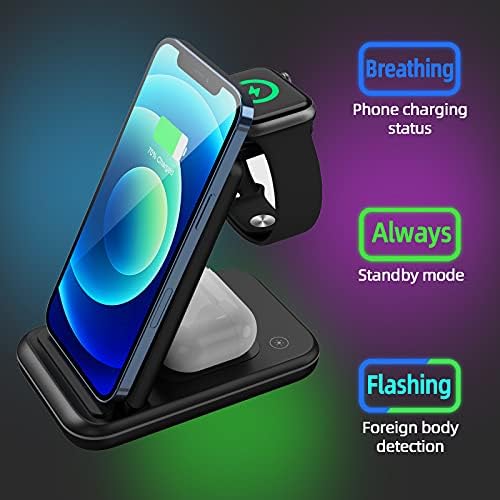 Versatile 3-in-1 Wireless Charging Station with Foldable Design – 15 W Fast Qi Charger Dock for Apple Watch, Air Pods & i Phone/Samsung Devices – Includes 18 W QC3.0 Adapter for Enhanced Speed and Compatibility