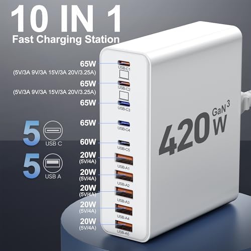 Ultimate 420 W Ga N Multi-Device Charging Hub – 10-Port USB C & A Wall Charger for Mac Book, i Phone, i Pad, Dell XPS, and Samsung Galaxy – Rapid Smart Charging Station with Advanced Safety Features for Efficient Power Management