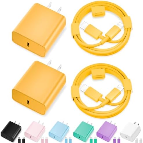 Elevate Your Charging Game with Our Apple MFi Certified 20 W Fast Charger Duo – 2 Pack USB-C Wall Adapters & 6 FT Lightning Cable for i Phone 14/13/12/11 Pro Max/Xs Max/XR/X – Stylish Vibrant Yellow for Instant Power and Convenience!