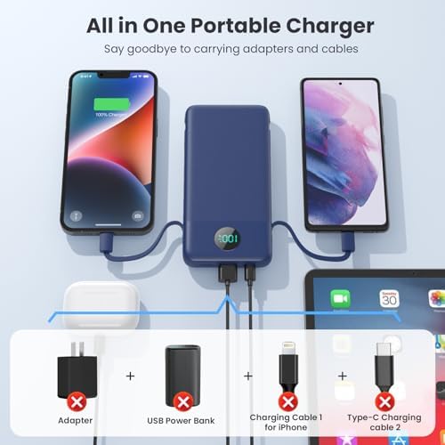Ultimate USB C Power Bank with Dual Built-in Cables & AC Wall Plug – 13,800 m Ah Fast Charging Powerhouse for i Phone 16/15, Galaxy S23, Tablets – Compact LED Display, Universal Compatibility for On-the-Go Power Solutions