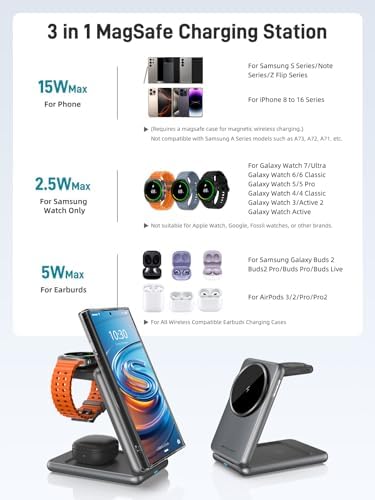 Ultimate 3-in-1 Magnetic Wireless Charger for Samsung – Foldable Mag Safe Charging Station for Galaxy S25 Ultra/S24, Galaxy Watch Ultra/7, and Galaxy Buds – Effortless One-Click Ejection Design – Enhanced Durability with Metal Spring Technology – Travel-Ready Convenience – Precision Magnetic Alignment for Seamless Charging Experience – Ideal Gift for Tech Enthusiasts – Exclusively Compatible with Samsung Devices, Check Compatibility Before Purchase