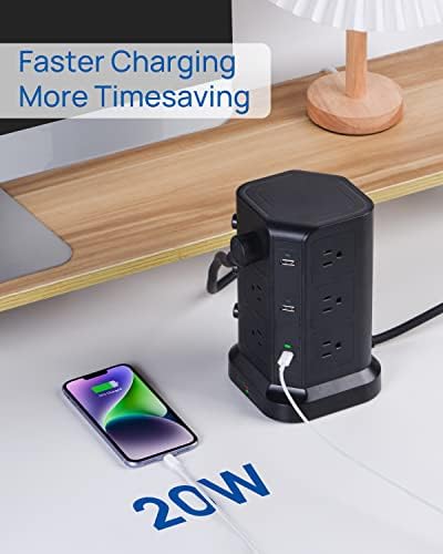 KOOSLA Power Strip Tower – 12 AC Outlets & 6 High-Speed USB Ports with 15 A Surge Protection – 6.5 ft Heavy-Duty Extension Cord for Home Office & Dorm Room – Compact Design for Efficient Power Distribution – Versatile Charging Station for Multiple Devices
