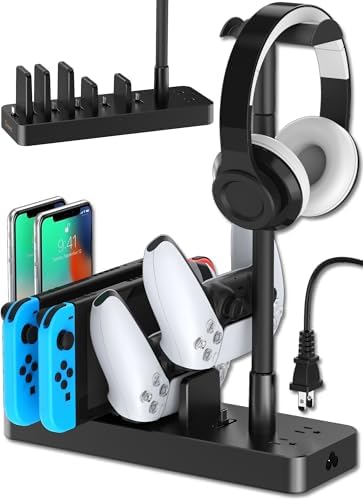 Drevet 6-Port USB-C Fast Charging Station with Dual AC Outlets and Headset Stand – Ultimate Multi-Device Power Hub for Phones, Tablets, and More – Sleek, Compact Design for Home or Office Use – Enhanced Charging Efficiency and Organization Solutions