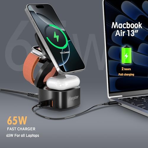 Energizer 5-in-1 Foldable Mag Safe Charging Station with 65 W USB-C Fast Charger – Universal Dock for i Phone 16/15/14/13 Pro Max, Apple Watch, Air Pods, and Mac Book – Streamlined, Portable Power Solution for Tech Enthusiasts
