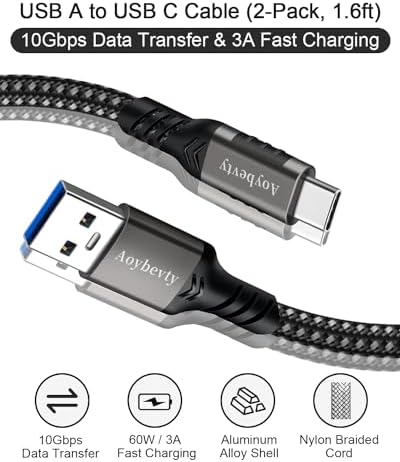 High-Speed USB A to USB C Cable (3.3 FT & 10 FT) – 10 Gbps Data Transfer, 60 W Fast Charging for Samsung Galaxy S23/S22/S21/S20/S10 Ultra & All Type C Devices – Durable Nylon Braided Design for Ultimate Flexibility and Performance