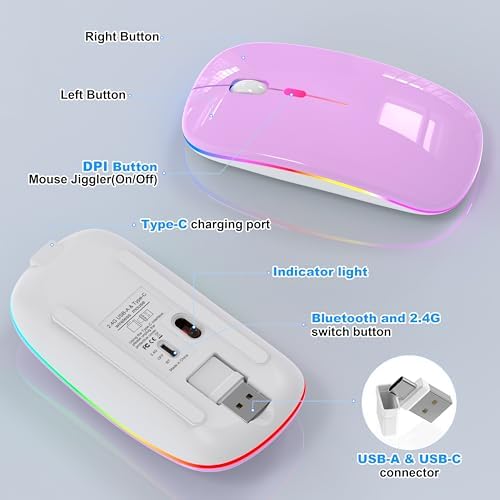 Sleek LED Bluetooth Wireless Mouse for Mac & PC – Rechargeable, RGB Light-Up Design with Dual Connectivity (BT5.2 + 2.4 G USB) – Slim, Portable Mouse with Jiggler Function for Work & Play – Enhanced Performance & Style in White