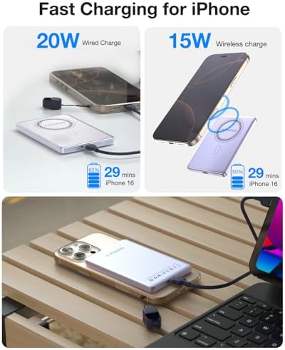 Magnetic Wireless Power Bank 5000 m Ah for i Phone 12-16 Series – Qi2 Certified 15 W Fast Charging with Ultra-Slim Design and Dual Device Capability – Perfect for Travel, Camping, and Daily Use – Includes Innovative Lanyard Data Cable and Comprehensive 12-Month Warranty
