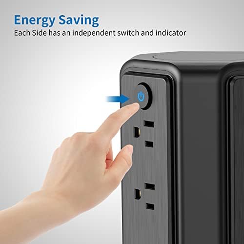 10 ft NTONPOWER Power Strip Tower with 8 Outlets & 5 USB Ports – Premium Surge Protector with Individual Switches, 1080 Joules Protection, 13 A Circuit Breaker – Ideal for Home Office & Entertainment Setup, Sleek Black Design for Ultimate Convenience