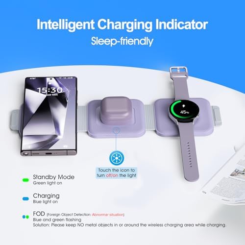 Ultimate Samsung Multi Travel Charger: Foldable Wireless Charging Pad for Galaxy Watch Ultra/7/6/5 Pro/Active 2 & Quick Charge for S25/S24/S23/S22 (+/Ultra)/Note20 – Compact Purple Design with Buds3 Pro Compatibility and Enhanced Speed for On-the-Go Power Solutions