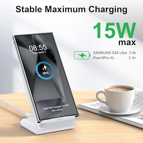 15 W Fast Wireless Charging Stand for Samsung Galaxy S25 Ultra, S24, S23, S22, S21 & Motorola Phones – Sleek Desktop Charger with QC Adapter for Optimal Performance, Qi-Compatible Convenience, and Enhanced Device Compatibility