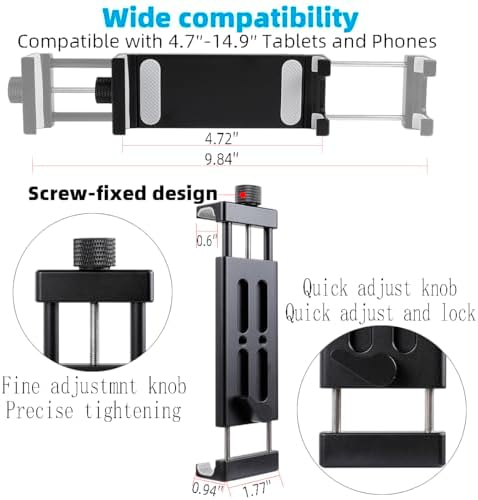 Versatile Aluminum Dual Arm Tablet Holder with Super Clamp for 0.5” to 2” Rails – Ideal Side Mount for i Pad Pro, Galaxy Tab, and Other 4.7-12.9″ Devices – Effortless Setup and Secure Positioning for Musicians and Presenters