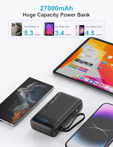 High-Capacity 27000 m Ah Portable Power Bank with Built-In Cable for i Phone 15/16 Series – Fast-Charging USB-C Battery Pack, LED Display for On-the-Go Charging, Reliable Travel Companion for All Smartphones
