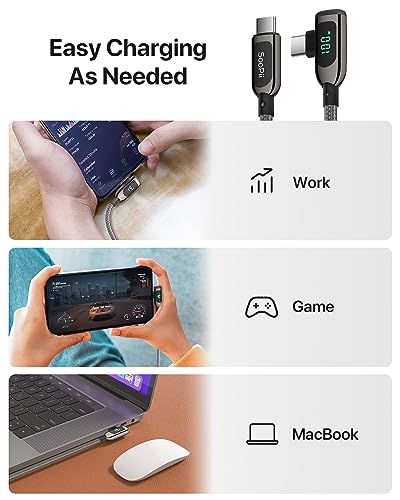 SOOPII 100 W Fast Charging Right Angle USB C to USB C Cable – 6.6 FT Zinc Alloy Braided with LED Display for Enhanced Performance, Compatible with i Phone 16/15, i Pad Air/Pro, Mac Book Pro, Samsung Galaxy S23/S22/S10, Google Pixel & LG Smartphones – Ideal for Gaming & Multitasking