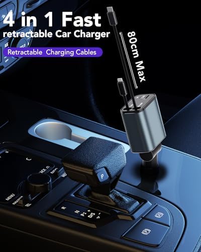2025 Ultra-Compact 4-in-1 Retractable Car Charger – 69 W Fast Charging Adapter for i Phone 16, Galaxy and More – Innovative Space-Saving Design with Multiple Ports for Simultaneous Device Powering – Essential Car Accessory for Daily Commutes and Road Trips