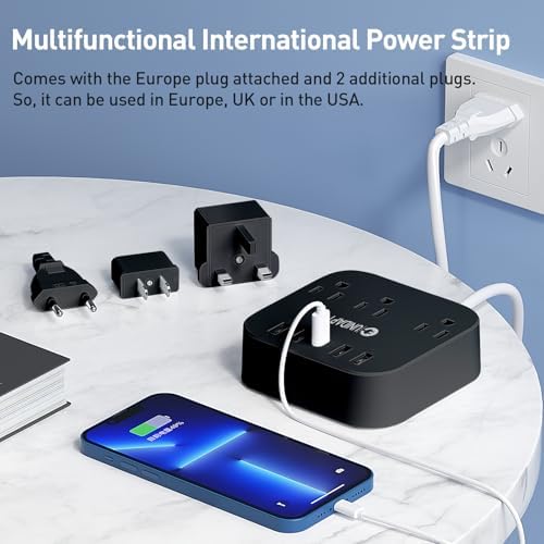Universal Travel Power Strip with European Plug Adapter – Unidapt US to UK Adapter for EU/UK/US with 4 USB Ports Including USB-C, 3 AC Outlets, Wall Mountable Design, 5 ft Extension Cord for Home, Cruise, and Travel (Black) – Enhanced Device Compatibility and Fast Charging Solutions