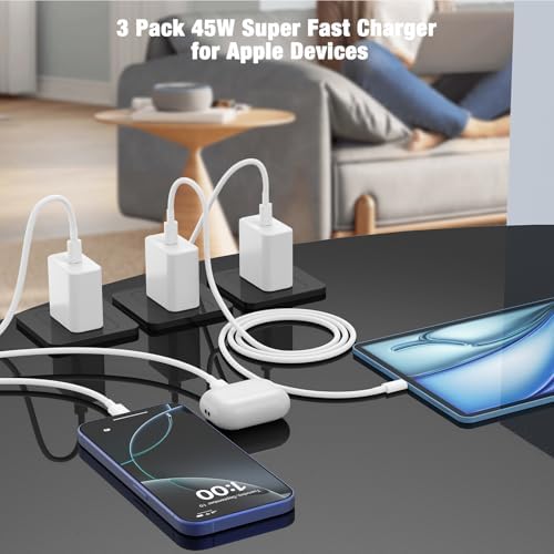 Rapid Charge 45 W USB-C Power Bundle for i Phone 16 & 15 Pro Max – 3-Pack Fast Charging Blocks with 6 ft C to C Cables for i Pad, Air Pods Pro 2 & Samsung S25 Ultra – Ultimate On-the-Go Power Solution with Superior Compatibility and Speed