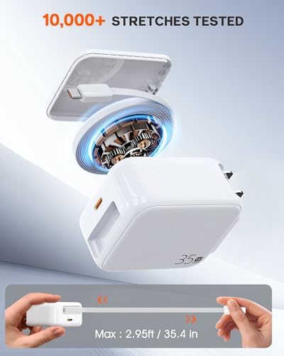 Compact 35 W Retractable USB C Wall Charger with Extendable Cable – Fast Charging Solution for i Phone 16, Galaxy S24/S25, Perfect for Home, Office, and Travel – Tangle-Free Design with Enhanced Compatibility and Durability