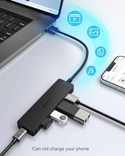 Ultra-Slim 4-Port USB 3.0 Hub with 2 ft Extended Cable – High-Speed Data Transfer for Mac Books, PCs, and More – Compact USB Expander for Enhanced Connectivity, Ideal for On-the-Go Professionals and Home Offices