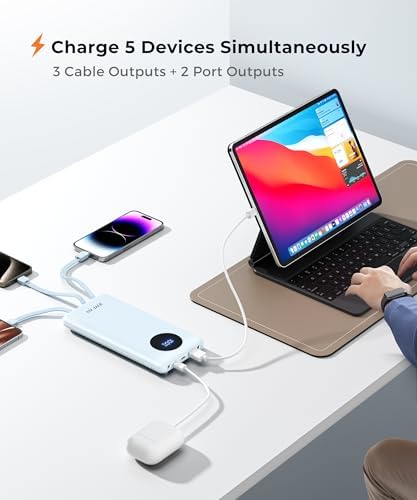 Ultra-Fast Portable Charger with Built-In Cables & LED Display – 10000 m Ah Power Bank for Multiple Devices, 22.5 W Super Speed Charging, Slim Design for Travel & Emergency Use – Compatible with i Phone 16/15/14/13/12, Samsung Galaxy, Google Pixel & More (Purple) – Ultimate Convenience & Safety Features