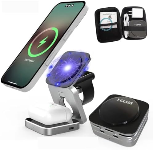 Portable 3-in-1 Wireless Magnetic Charging Station – Fast Charge Dock for Phones, Smartwatches, and Earbuds – Foldable Travel-Friendly Design with Anti-Slip Base and Extra Magnetic Ring – Elegant Black & Silver Finish for Modern Aesthetics