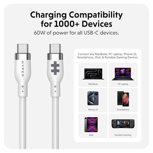 HyperJuice Silicone Charging USBC Cable (1.5m/5ft) w/EcoSmart Silicone Jacket, 60W USB C Charger 3.0 EPR Fast Charge — Tangle-Free USB C Cable 5ft, Withstands 10,000+ Bends (Black) – Enhanced Compatibility and Speed