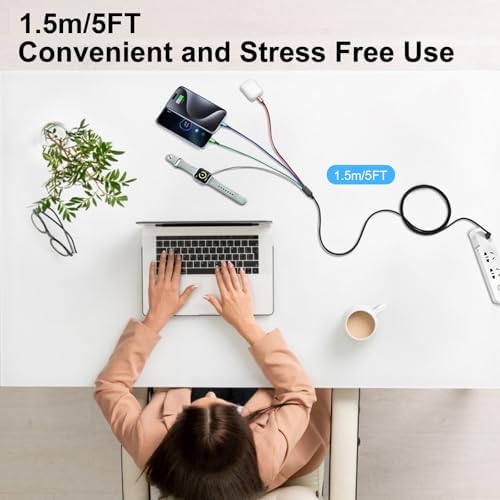 Universal Multi-Device Fast Charging Cable: 4-in-2 Nylon Braided Charger for Apple Watch Ultra, SE, Series 10-1, i Phone 16-13, and Android Phones (5 FT) – Ultimate Versatility and Rapid Power Solution for All Your Electronics