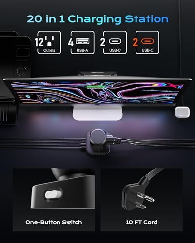 Revolutionize Your Charging Setup with the Flat Plug Power Strip Tower – 10 FT Extension Cord, 40 W Fast Charging Station Featuring 12 AC Outlets and 8 USB Ports (4 USB-C) for Ultimate Device Connectivity and Safety in Home, Office, or Dorm Room
