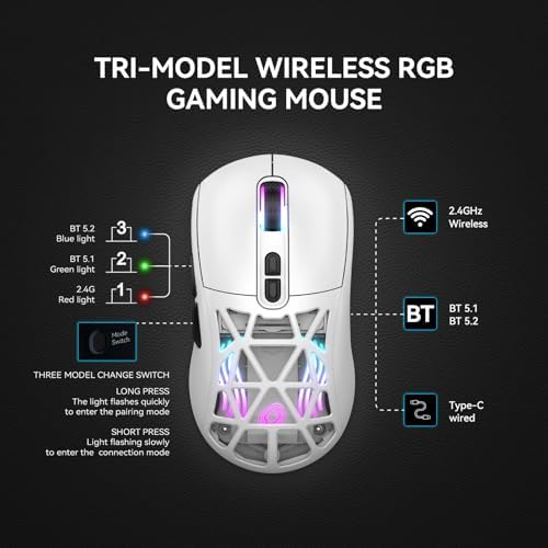 Ultimate FD Wireless Gaming Mouse with RGB Lighting – 10,000 DPI Precision, Tri-Mode Connectivity (2.4 GHz, Bluetooth 5.0, Wired) & Programmable Macros for Enhanced Performance – Rechargeable Battery for Seamless Gaming on Laptop, Desktop, Mac, and Chromebook – Ergonomic Design for Comfort and Style