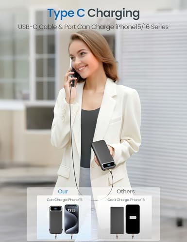 12000 m Ah Ultra-Light Portable Power Bank with Built-In Cables & AC Wall Plug – PD20 W USB-C Fast Charging for i Phone, Samsung & Android – LED Display for Battery Monitoring – Ultimate Travel Companion for Quick Device Recharging