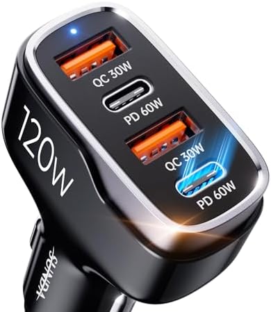 Experience Rapid Roadside Charging with SUNDA 120 W USB C Fast Car Charger – 4-Port Adapter Featuring Dual Type C PD60 W/PPS60 W for i Phone 16/15 Pro/Max/14 & Samsung Galaxy S24, Plus Dual USB-A 30 W QC3.0 for All Android Devices – Compact, Durable, and Universally Compatible for Effortless Multi-Device Charging on the Go