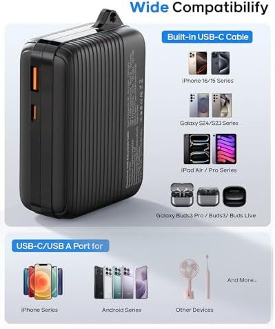 Compact 10,000 m Ah USB-C Power Bank with Retractable Cable – Fast Charging Dual Output Battery Pack for Android Devices, TSA-Compliant Travel Charger with Built-In Safety Features and Convenient Carry Loop for On-the-Go Power