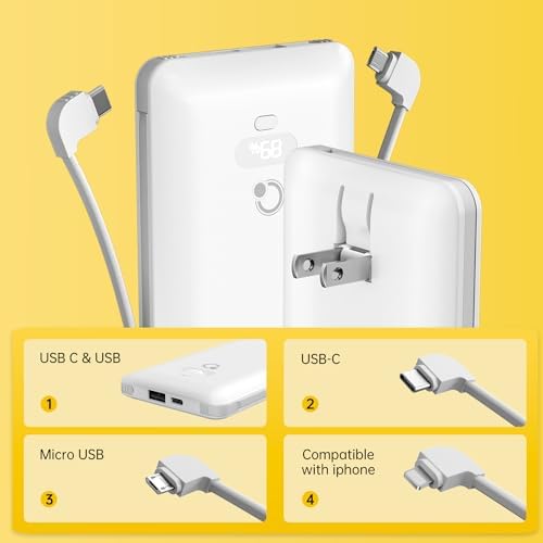 Ultimate Brand Q 10000 m Ah Portable Charger with Built-in Cables and AC Wall Plug – Fast Charging Power Bank with USB-C, Triple Output Ports for i Phone, Tablet & All Smartphones – Perfect Travel Companion for On-the-Go Charging