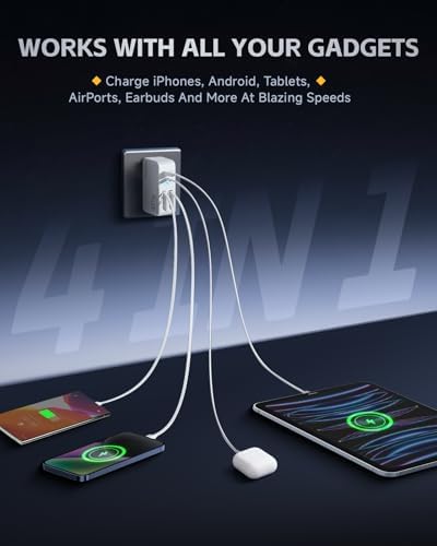 Revolutionary 4-Port USB C Retractable Wall Charger – 40 W Fast Charging Power Brick with Dual PD/QC Technology and 2.95 FT Lightning/Type-C Cable – Compact, Foldable Travel Adapter for i Phone 16/15, Samsung, LG, i Pad – Optimal Universal Compatibility for Seamless Home and Travel Charging Solutions