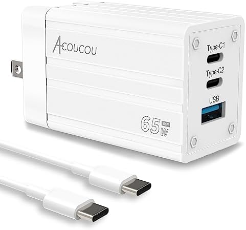 Power Up Efficiently: 65 W Ga N USB-C Charger with 3-Port Fast Charging Block for Mac Book, i Phone, i Pad & Samsung Devices – Universal Adapter with Type C Cable for Rapid Device Compatibility and Energy Efficiency