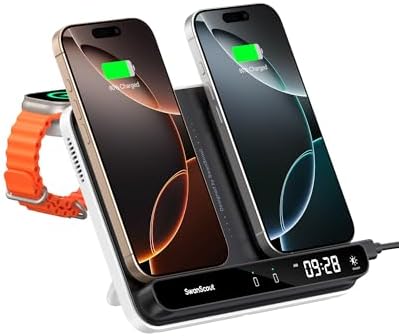 Swan Scout 710 A Dual Wireless Phone Charger – Fast Charging Station for i Phone 16/15/14/13/12/11/8/X, Apple Watch 10/9/8/7/6/Ultra, and Air Pods Pro/3/2/4 – Effortless Multi-Device Charging with Enhanced Compatibility and Sleek Design