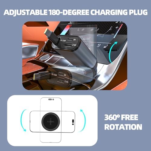 Ultra-Slim Flexino Retractable Car Charger – 57 W Fast Charge for i Phone 16/15, Galaxy, Pixel – Dual USB-C Ports for Concurrent Charging – Compact & Tangle-Free Design – Essential Travel Accessory for Seamless Connectivity