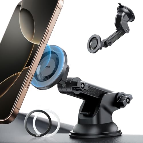 ESR Magnetic Dashboard Phone Holder for Car – Ultimate Mag Safe Mount for i Phone 12-16 & Samsung Devices – Secure Windshield Vacuum Grip with 2 Metal Rings – Sleek, Hands-Free Access for GPS & Calls – Essential Car Accessory for Safe Driving