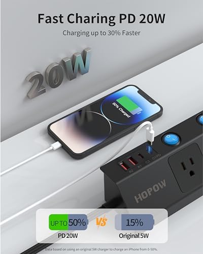 Maximize Your Workspace Efficiency with the 10 FT Desk Clamp Power Strip – 5-Outlet Surge Protector Featuring Individual Switches and Dual USB-C Ports (20 W PD) for Rapid Charging, Ideal for Home Office and Professional Use – Versatile Wall Mount and 1.7″ Tabletop Compatibility in Sleek Black Design