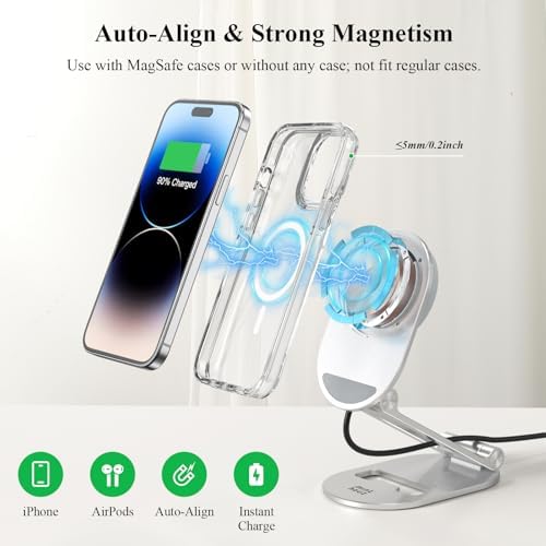 Minthouz Foldable Mag Safe Wireless Charging Stand – Adjustable 20 W Magnetic Charger for i Phone 16/15/14/13/12 Pro/Max/Plus & Air Pods 3/Pro 2 – Rapid Charging, Enhanced Compatibility, Travel-Friendly Design – Elevate Your Tech Experience