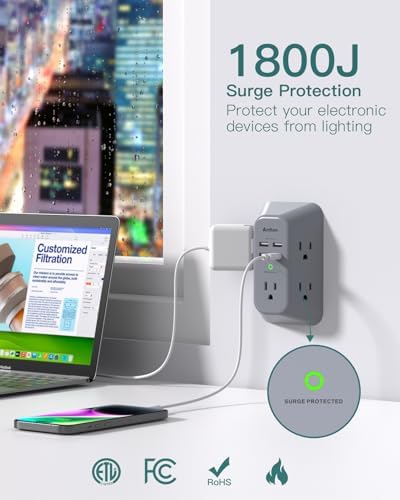 Addtam 5-Outlet Surge Protector with 4 USB Fast Charging Ports – Versatile Outlet Extender Power Strip for Home and Dorm Room Use, Enhanced Safety Features with Built-in Surge Protection, Compact Design for Easy Travel and Maximum Device Compatibility