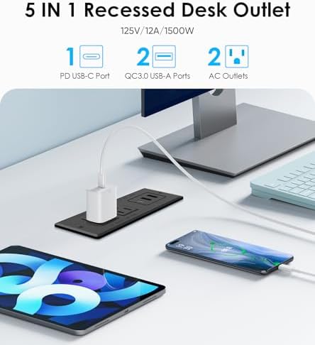 Flush-Mounted Recessed Power Strip with 20 W USB-C Fast Charging Ports – Ideal Desk Power Solution for Conference Rooms and Office Furniture, 10 FT Cord (ETL Listed) for Enhanced Safety and Performance