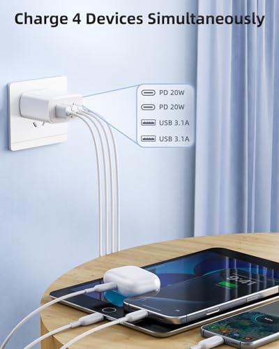 40 W 4-Port USB C Power Adapter Duo – Compact Fast Charging Block for i Phone 16-12 & Samsung Devices – Rapid PD & Quick Charge 3.0 for Maximum Efficiency at Home and on the Go