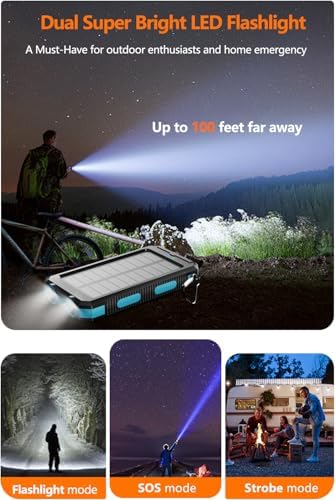 Ultra-High Capacity 36800 m Ah Solar Power Bank – Fast Charging USB-C Portable Charger with Dual LED Flashlights and IPX5 Waterproof Design for Outdoor Adventures, Ideal for Camping and Hiking – Universal Compatibility for i Phone and Android Devices