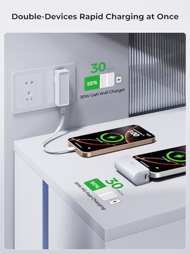 THREEKEY Portable Power Bank 5000 m Ah with 20 W PD Fast Charging – Travel-Friendly Charger for i Phone 16/15, Samsung Galaxy, i Pad Air/Pro & Google Pixel – Includes 30 W Ga N Wall Charger for Enhanced Charging Speed and Compatibility