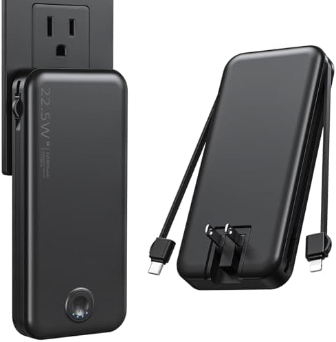 Ultra-Fast Charging Portable Power Bank with Built-In Cable and AC Plug – 12,000 m Ah USB C Travel Charger for i Phone and Android Devices – Lightweight, Compact Design for On-the-Go Power Solutions