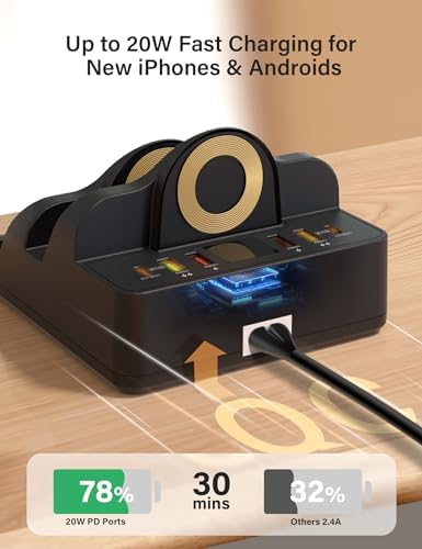 WU-MINGLU 8-Port Fast Charging Station – 80 W Multi-Device Dock with Wireless Charging, Quick Charge 3.0, and PD 20 W, LCD Display for Real-Time Status – Compatible with i Phone, i Pad, Smartphones, and Smartwatches – Ultimate Convenience and Speed for Tech Enthusiasts