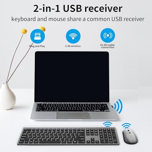 Ultra-Slim 2.4 G Wireless Keyboard with Numeric Keypad – Silent Ergonomic Design for Effortless Typing on PC & Mac, Plug-and-Play USB Receiver, Scissor Switch Technology for Enhanced Comfort and Speed